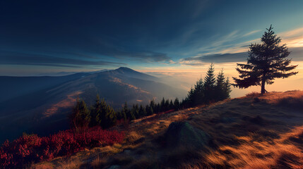 Obraz premium Mountain sunrise in calm nature, a moment of peace and serenity