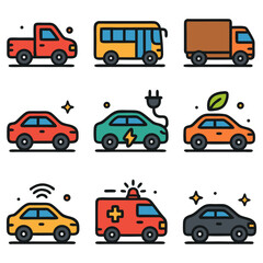 Fototapeta premium Transportation Icons: Diverse Vehicles in a Flat Vector Style.
