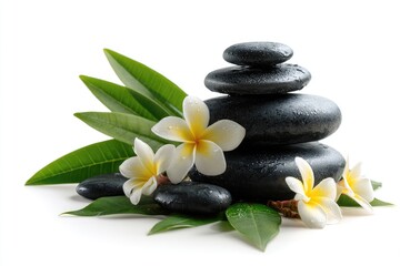 Fototapeta premium Wet black stones stacked, adorned with white plumeria blossoms and lush green leaves, isolated on white