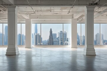 Fototapeta premium A large floor-to-ceiling window with a cityscape view, floor-to-ceiling glass windows, a transparent modern office interior design, AI Generative