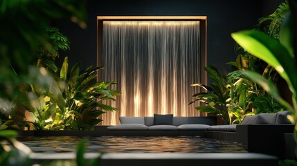 Serene outdoor lounge with waterfall feature, nestled amongst lush greenery, illuminated at night