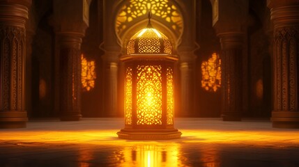 Ornate lantern illuminating a historical interior.