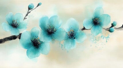 Watercolor Painting of Delicate Blue Flowers on a Branch