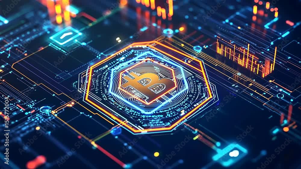 Poster futuristic digital representation of cryptocurrency with vibrant circuits and glowing elements