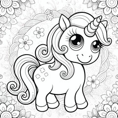 Cute cartoon unicorn coloring page floral design