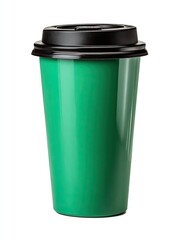 A vibrant green disposable coffee cup with a black lid, isolated on a white background