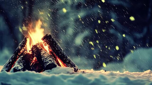 A crackling bonfire amidst a snowy landscape, illuminated by dancing flames under a falling snow