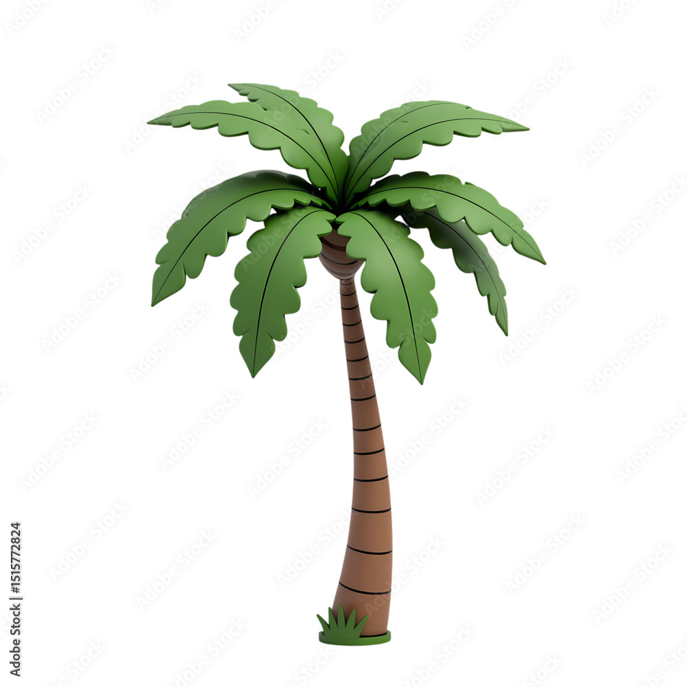 Poster a cartoon palm tree with green leaves and a brown trunk in a setting isolated on transparent backgro