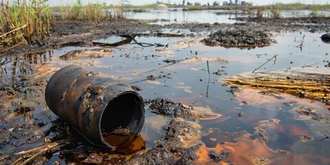 A rusty metal barrel with a broken lid sits in a puddle of oil on a muddy beach with grass and trees in the background.