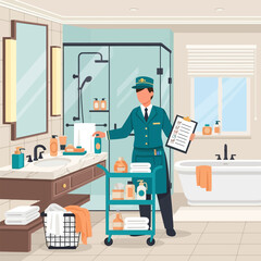 Hotel Worker Cleaning Bathroom and Checking Tasks on Clipboard