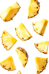 Multiple pineapple slices falling dark setting isolated on transparent PNG