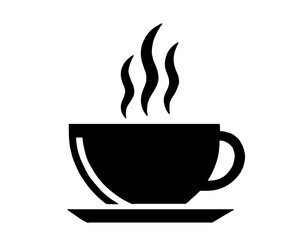 Coffee cup silhouette, hot coffee, black and white image, simple logo, icon isolated on white background
