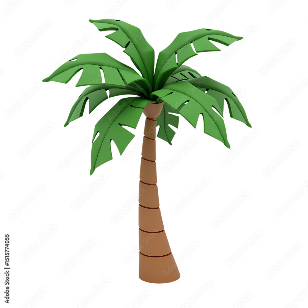 Poster a cartoon palm tree with green leaves and a brown trunk in a simple style isolated on transparent ba