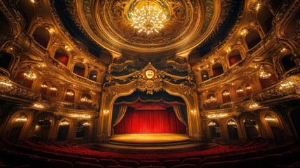 Obraz premium Opulent Golden Theater Interior: A Majestic Stage and Audience Seating