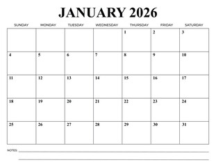 Monthly Calendar Vector Design January 2026