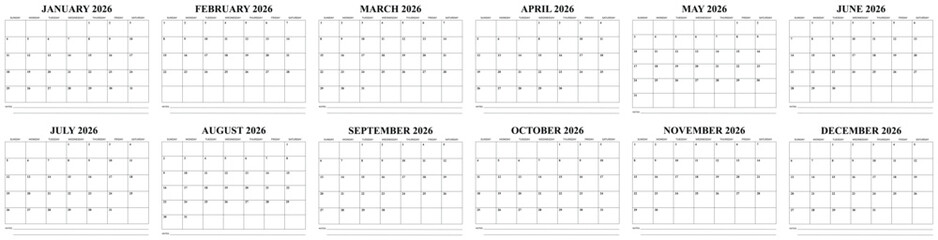 Monthly Calendar January to December Vector Design 2026