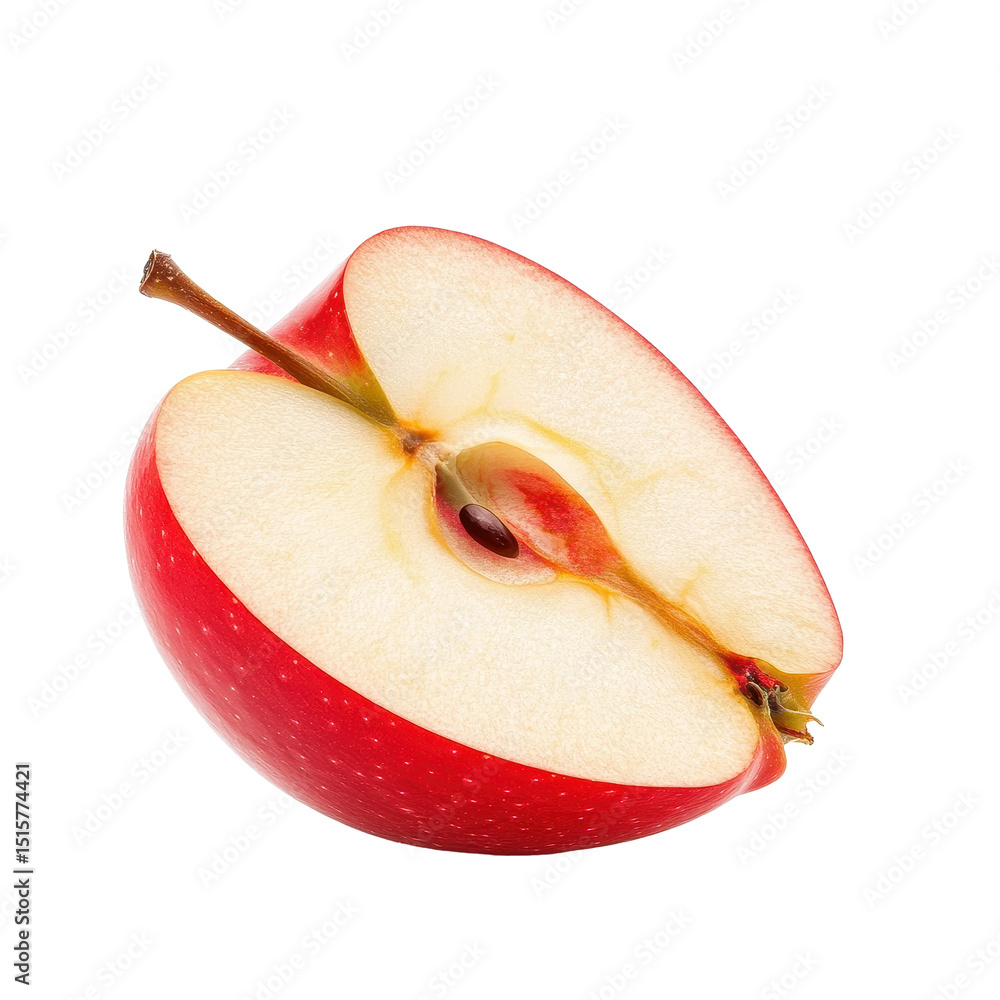 Poster fresh red apple slice resting on a clean white surface with visible seeds and texture details, red a