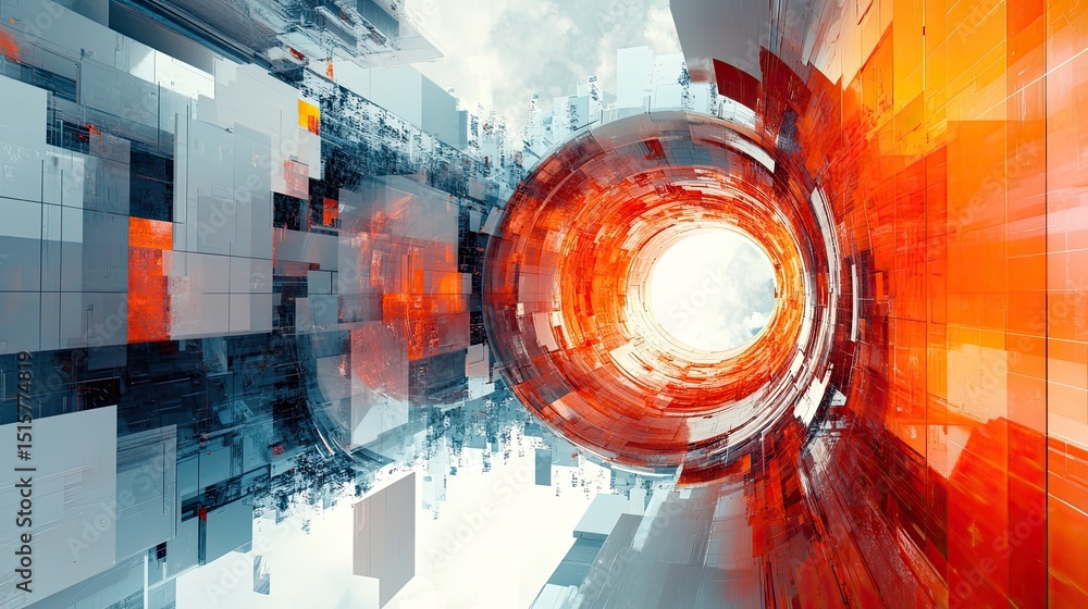 Poster abstract futuristic tunnel with orange and blue tones and geometric block structures
