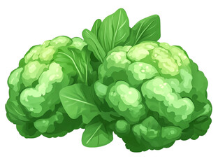 Two green romanesco cauliflowers with leaves isolated on transparent PNG