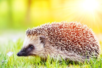 Fototapeta premium Hedgehog in a sunny spring meadow