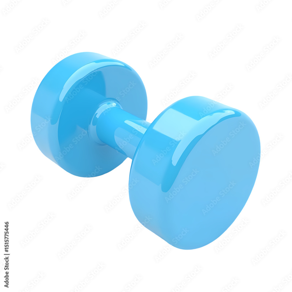 Poster a light blue dumbbell with a glossy finish resting on a black surface in a simple isolated on transp