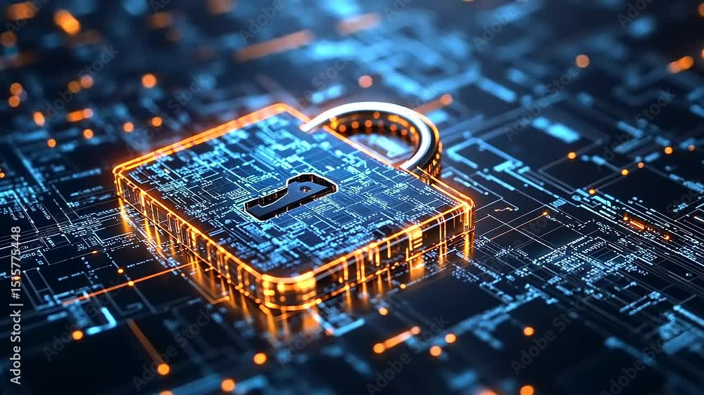 Aufkleber digital padlock symbolizing cybersecurity on a futuristic circuit board background with glowing line