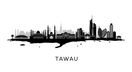 Obraz premium Tawau Skyline with Malaysia Cityscape Silhouette.