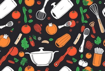 Seamless pattern of kitchen utensils and cooking ingredients in a continuous line drawing style, modern, tools