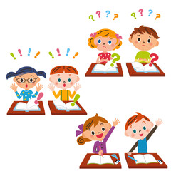 机の上で勉強を考えたり、手をあげたり、ひらめいたりしてる子供達