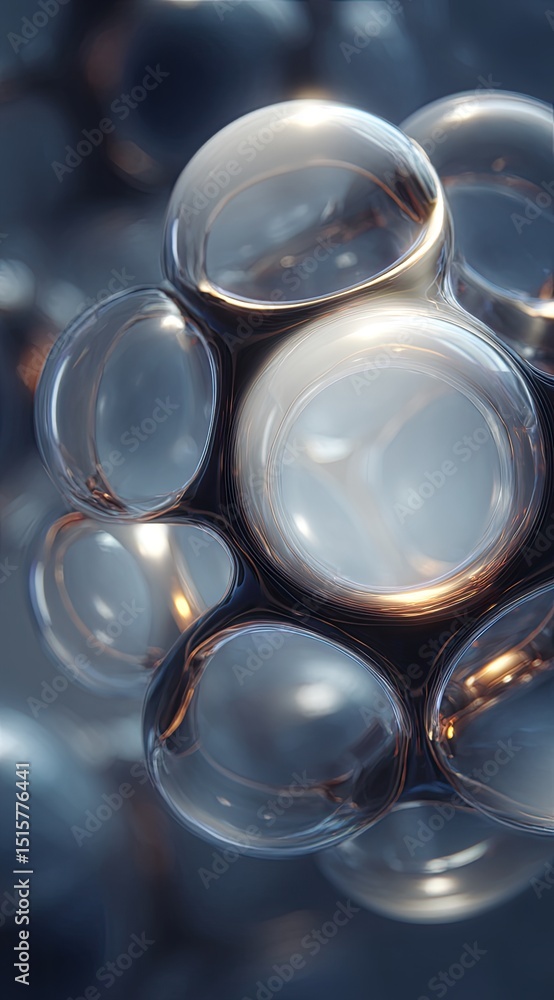 Poster close-up of a cluster of translucent, spherical forms interconnected, exhibiting glossy surfaces and