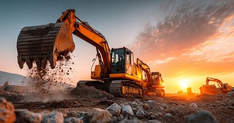 Two excavators work together on a construction site, pouring rocks and soil from one to the other under golden light.