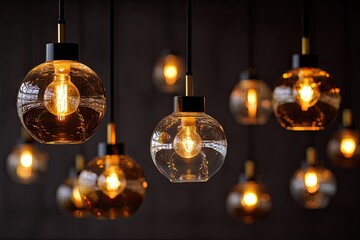 Amber and clear glass globe pendant lights illuminate a dark background, creating a warm, inviting ambiance