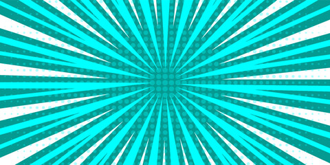 Blue comic sunburst effect background with halftone. Pop art comic-style vector background. Suitable for templates, sale banners, events, ads, web and pages