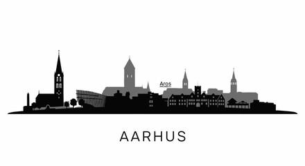 Obraz premium Aarhus Denmark Skyline Black and White Silhouette.