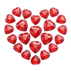 Red gemstones in heart shape isolated on white background