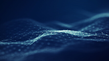 Futuristic Abstract Blue Digital Wave Background. Concept Of AI Artificial Intelligence Technology Machine Deep Learning With Network Dots And Lines On Dark Background.