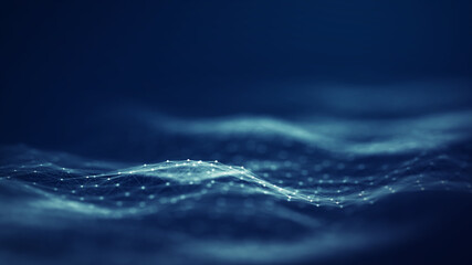 Futuristic Abstract Blue Digital Wave Background. Concept Of AI Artificial Intelligence Technology Machine Deep Learning With Network Dots And Lines On Dark Background.