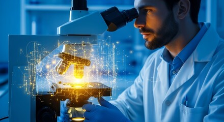 Futuristic Microscopic Research: Scientist Using Advanced Technology, Digital Overlay, Lab, Science, Innovation