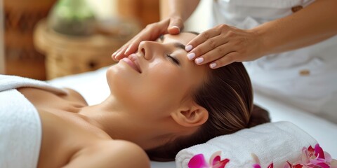 Fototapeta premium A woman lying on a massage table with her eyes closed, receiving a facial massage from a masseuse.