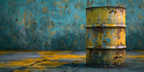 A yellow and blue metal barrel with rust and paint peeling off on a blue background.