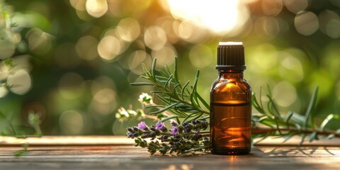 A bottle of essential oil with a sprig of lavender and rosemary on a wooden table in a natural setting.