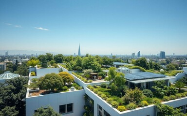 Modern rooftop forest in a futuristic eco city with trees, plants, and solar panels. Urban greening concept. No people, clear sky, sharp detail, sustainable architecture.