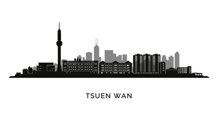 Obraz premium Tsuen Wan HK Skyline with Black Silhouette, and Cityscape.