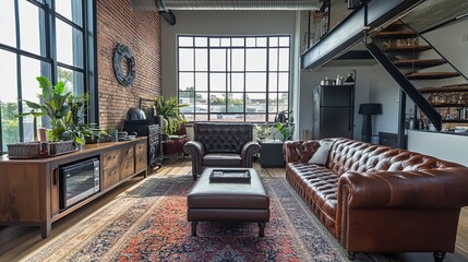 Loft-style living room with vintage leather furniture and industrial dcor.
