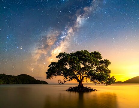 Landscape with Milky way galaxy, Night sky with stars and silhouette mangrove tree in the water