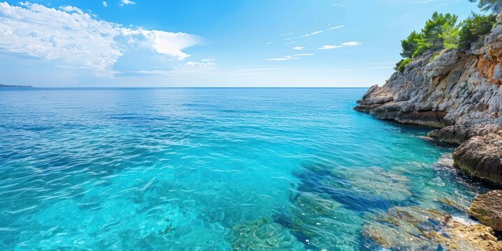 A serene beach scene with clear blue water, rocky cliffs, and a blue sky with white clouds.