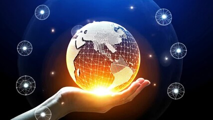 A glowing orange holographic globe held by a hand with digital network lines representing technology global communication and futuristic innovation - Powered by Adobe
