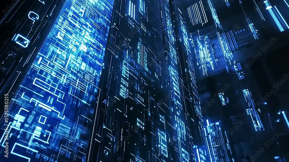 Aufkleber futuristic cityscape with glowing blue data patterns illuminating towering digital structures