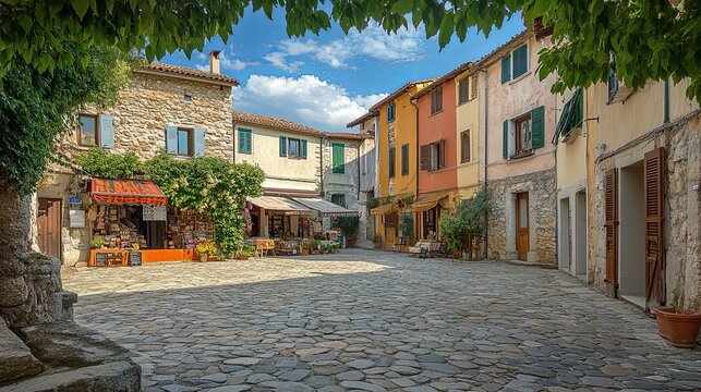 Fototapeta Small village square with a market and cobblestone streets.