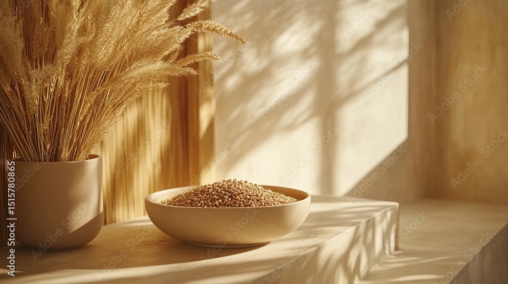 Poster natural elements in a serene indoor setting with a bowl of grains and decorative plants creating a c